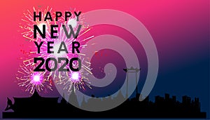 Happy new year 2020 text black - Fireworks Golden - Building In The City- vector illustration.