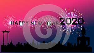 Happy new year 2020 text black - Fireworks Golden - Building In The City- vector illustration.