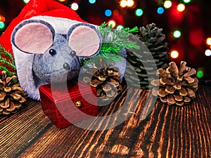 Happy New Year 2020. A toy gray rat - a symbol of the coming year.