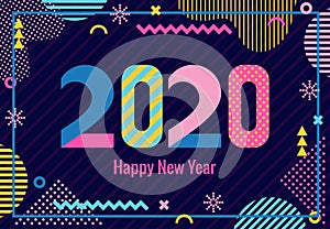 Happy New Year 2020. Trendy geometric font in memphis style of 80s-90s. Digits and abstract geometric shapes on striped dark blue