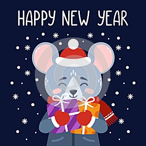 Happy New Year 2020 vector print with cute rat