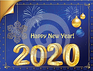 Happy New Year 2020 - vintage greeting card with golden text on a light blue background