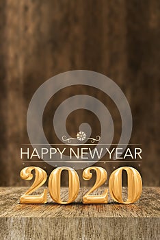 Happy New year 2020 at wooden block table and blur wood wall,vertical banner Holiday greeting card for social media3d rendering