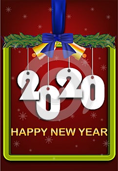 Happy new year 2020 word from white paper Origami style in red frame.