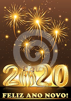 Happy New Year 2020 written in portuguese - greeting card with fireworks on a simple background