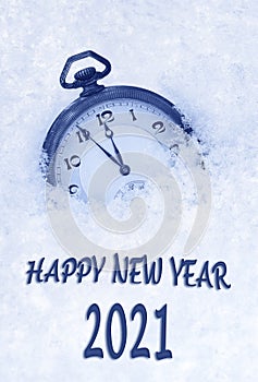 Happy New year 2021, 2021 New Year greeting card in English language, pocket watch in snow, countdown to midnight