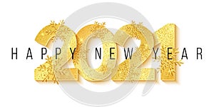 Happy New Year 2021. 3D numbers and golden snowflakes with glitter isolated on white background. Greeting card. Vector