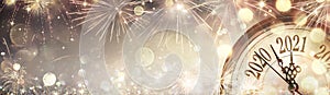 Happy New Year 2021 - Abstract Defocused Background - Clock And Fireworks