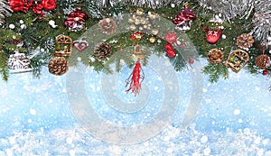 Happy new year 2021 background with bokeh lights, branches with balls and ribbons in snow flakes. Christmas decorations, postcard