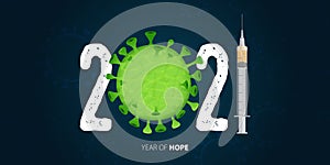 Happy New Year 2021 banner with Covid-19 Vaccine and Virus on blue background.