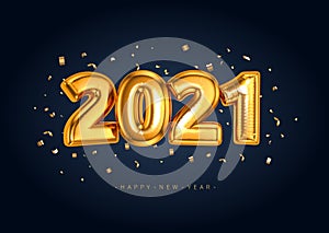 Happy New Year 2021 Banner with Golden Luxury Balloon Foil Text Gold Glowing Numbers isoalted on dark black background