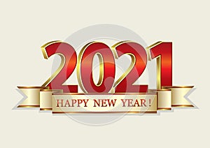 Happy New Year 2021 banner light background with gold ribbon. Vector illustration