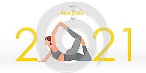 Happy New Year 2021 banner with yoga poses or asana posture. Year of good health. Banner design template for New Year 2021