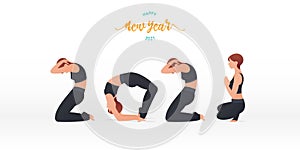 Happy New Year 2021 banner with yoga poses. Year of good health. Banner design template for New Year 2021 decoration in Yoga poses