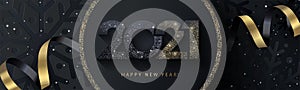 Happy New Year 2021 beautiful sparkling design of numbers on black background. Holiday illustration for greeting card, banner, soc