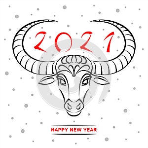 Happy New Year 2021, bull, ox head outline drawing