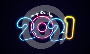 Happy new year 2021 celebration greeting card. Neon style text