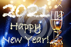 happy New Year 2021 champagne glasses on fireworks background