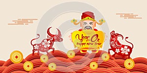Happy New Year 2021. Chinese New Year. The year of the Ox. Chinese God of Wealth and Ox