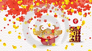 Happy New Year 2021. Chinese New Year. The year of the Ox. Chinese God of Wealth and Ox