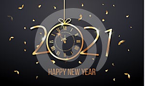Happy New Year 2021 and Christmas card with golden text and clock. Vector.