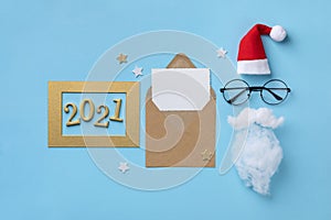 Happy New year 2021 or Christmas greeting card. Santa Claus face with hat, beard and glasses