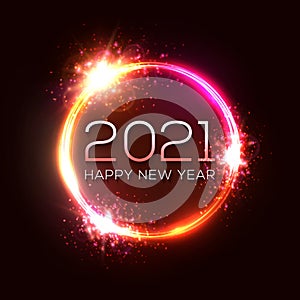 Happy New Year 2021 circle neon sign on dark red.