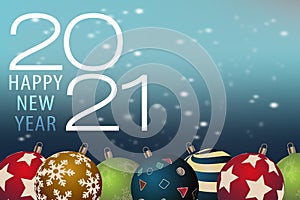 Happy New Year 2021. Color Christmas balls with snowflakes on shiny background
