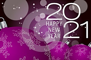 Happy New Year 2021. Color Christmas balls with snowflakes on shiny background