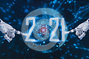 Happy new year 2021,concept digital trends,robot hand touch icon,is full modernity advanced technology,artificial intelligence or