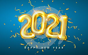 Happy New Year 2021 cover. Golden helium balloon numbers 2021 and confetti on blue background. Vector illustration