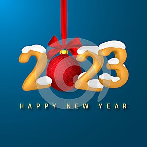 Happy New Year 2021 cover. Yellow numbers 2023 with white snow and xmas ball with red bow on blue background. Vector illustration