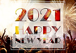 happy New Year 2021 crowd and fireworks celebration greeting card
