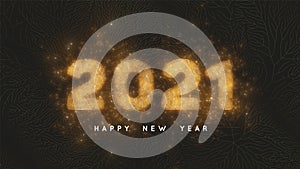 Happy New Year 2021. Dark background with gold net and glowing golden 2021 numbers as veins of gold foil and sparkles