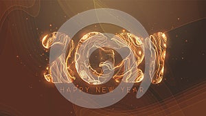 Happy New Year 2021. Dark golden background with glowing gold 2021 numbers as swirl lines or spark trails. Vector