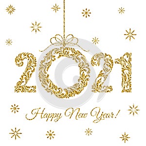 Happy New Year 2021. Decorative Font made of swirls and floral elements. Golden glitter Numbers and Christmas wreath