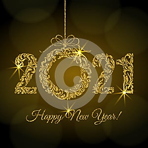 Happy New Year 2021. Decorative Font made of swirls and floral elements. Golden glitter Numbers and Christmas wreath with sparks