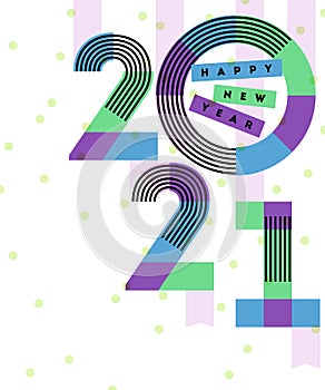 Happy New Year 2021 design. Multicolored abstract numbers with stripes and ribbons isolated on white background