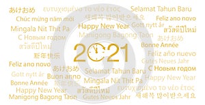 Happy New Year 2021 in different languages word cloud greeting card concept. Happy New Year 2021 in many different languages. Word