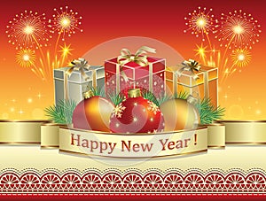 Happy New Year 2021. Festive background with gift boxes and Christmas balls decorated with ribbon and ornaments.