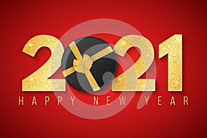 Happy New Year 2021. Festive background and golden 3d luxurious numbers with glitter on a red background. Black gift box with