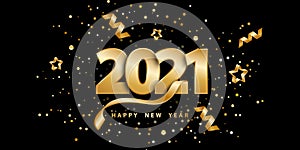 Happy new year 2021. Festive black background with golden numbers, confetti, stars and streamer ribbons.