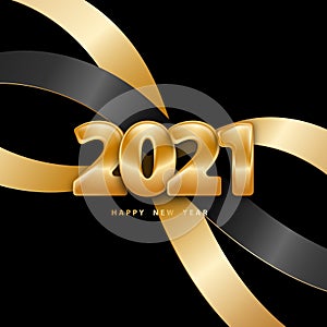 Happy new year 2021. Festive black background with golden numbers and ribbons. Vector illustration 3D.