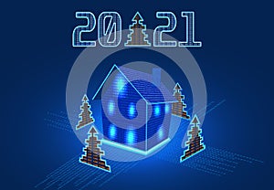 Happy New Year 2021. Festive inscription, house and Christmas tree from numbers. Computer interface. GUI illustration