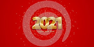 Happy new year 2021. Festive red background with golden numbers 3D and glitter. Backdrop with tinsel. Luxury flyer with confetti.