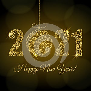 Happy New Year 2021. Figures and Christmas ball from a floral ornament with golden glitter and sparks on a dark background