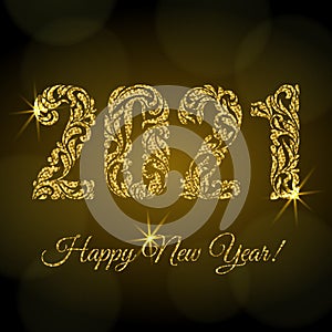 Happy New Year 2021. The figures from a floral ornament with golden glitter and sparks on a dark background with bokeh.