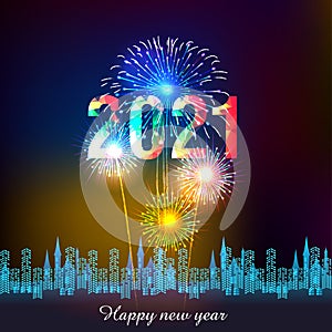 Happy new year 2021 with firework background. Firework display colorful for holidays