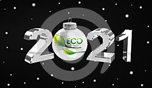 Happy new Year 2021, flag of Ecology logo on a christmas toy, decorations isolated on dark background. Creative christmas concept