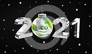 Happy new Year 2021, flag of Ecology logo on a christmas toy, decorations isolated on dark background. Creative christmas concept